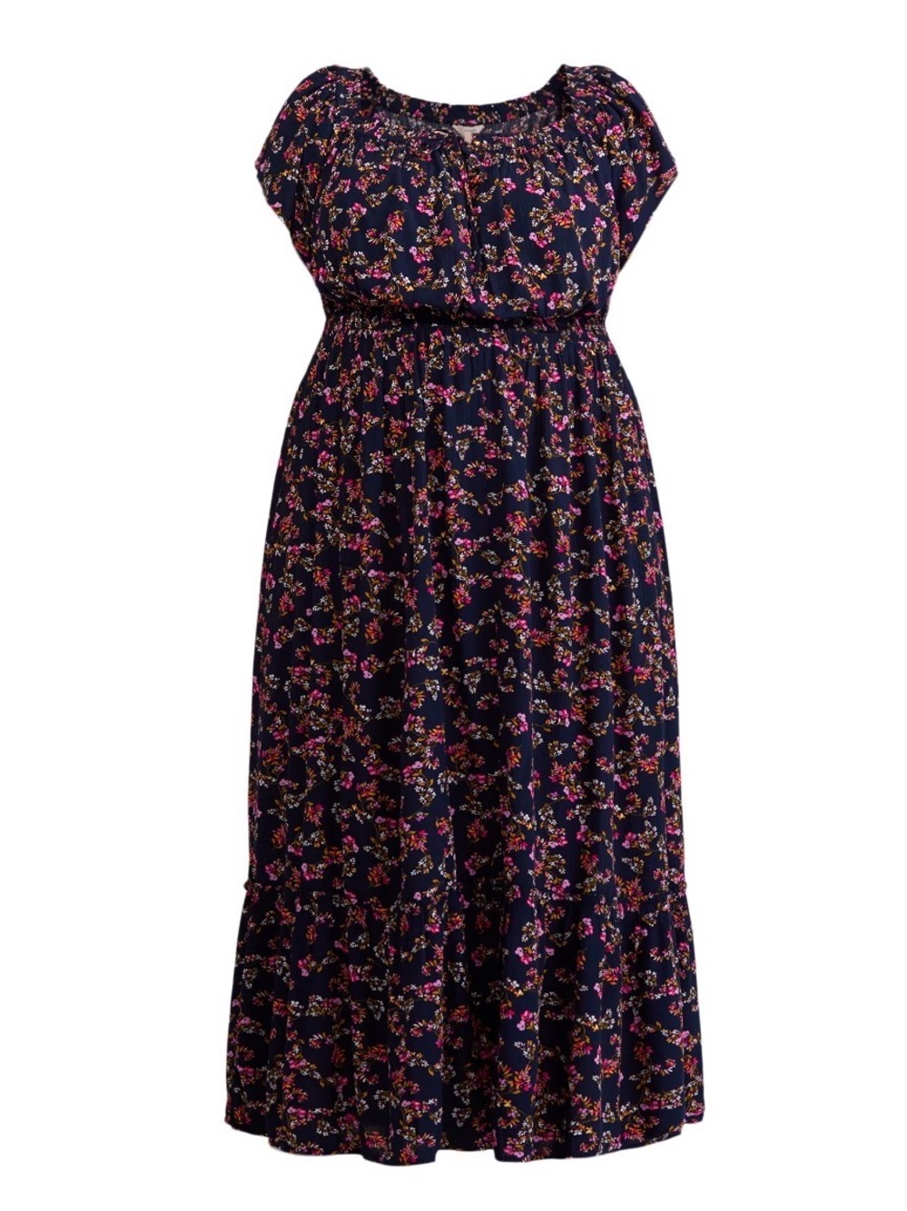 Long Maxi Dress Tropical Floral Navy Blue Smocked Crinkle Off Shoulder